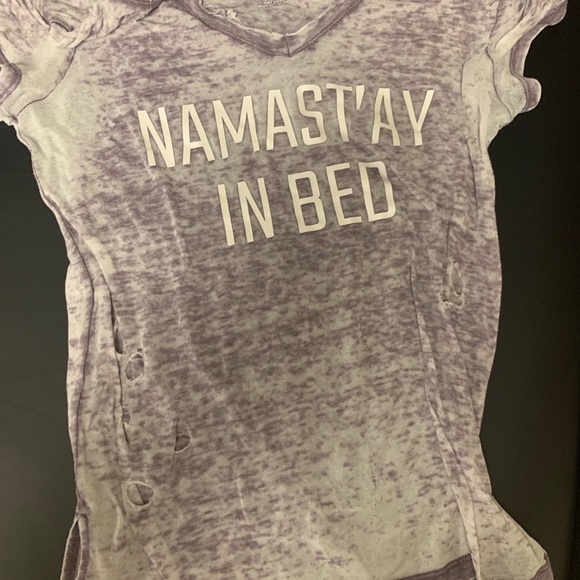 NAMAST’ AY IN BED purple and white distressed tee - Picture 2 of 3
